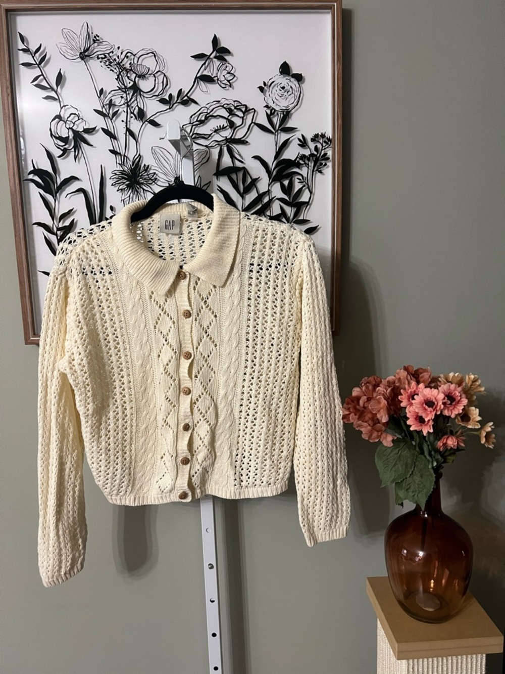 Gap Ivory Off White Crochet Cable Knit Linen Cotton Button Down Cardigan Size M